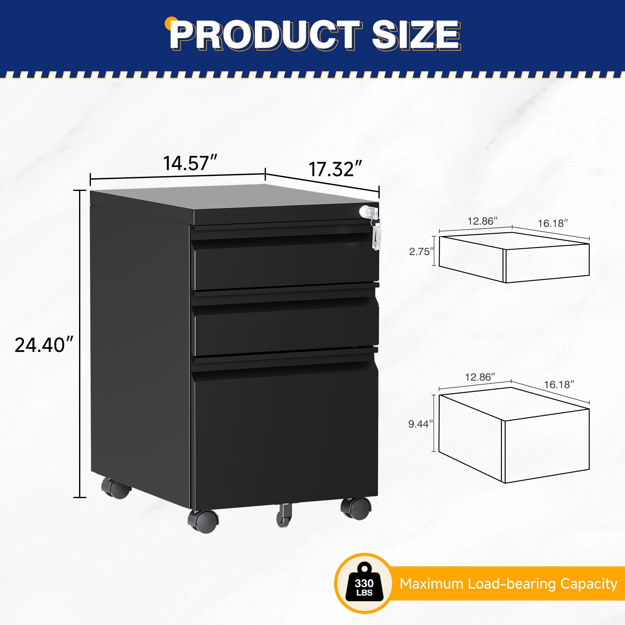 AUHUP 3 Drawer Mobile File Cabinet with Lock, Metal Filing Cabinet with Wheels for Legal/Letter/A4 File, Under Desk File Cabinets for Home Office,Black,Fully Assembled