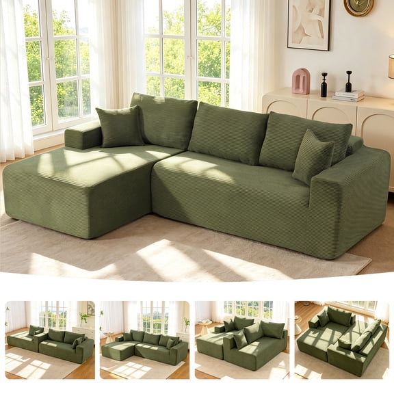 108" Cloud Couch Modular Sectional Sofa, Deep Seat Corduroy L-Shaped Couch with Chaise Lounge, No Assembly Required Upholstered Sectional Sofa for Living Room Apartment (Green, Left Facing Chaise)