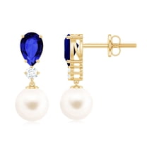 Rosec Jewels Freshwater Pearl Drop Earrings with Lab Grown Blue Sapphire and Moissanite, 10K Yellow Gold