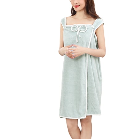 Women's Cute Bowknot Pocket Straps Bath Towel Knee Length Adjustable Coral Fleece Wearable Bath Towel Wrap Dress for Shower Spa