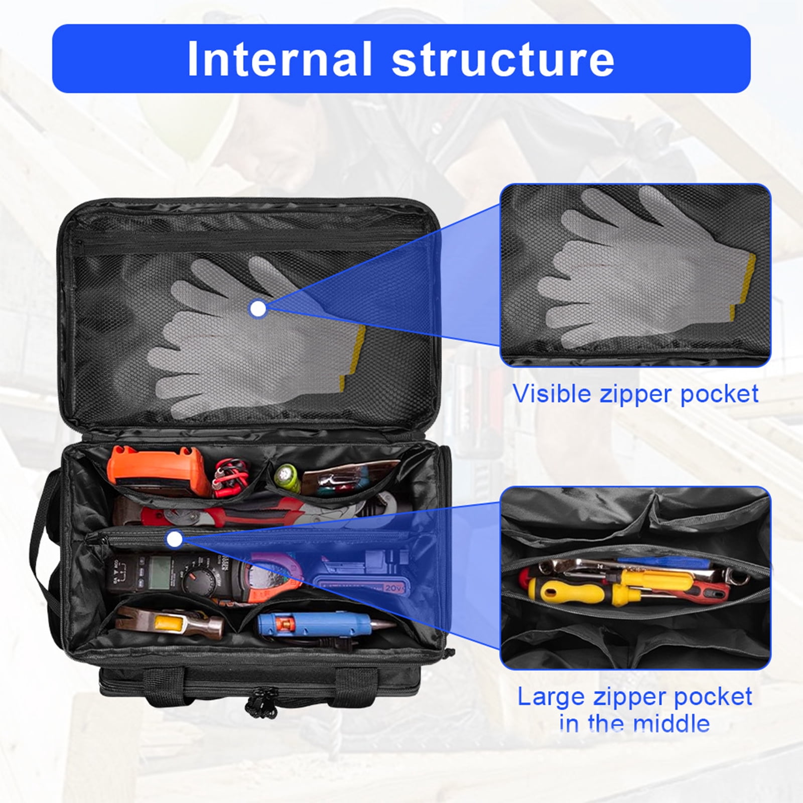 RUISINERY Tool Bag for Men Nonslip Thick Padded Base Multifunctional Work Bag for Mechanics Craftsmen Electricians Carpenters