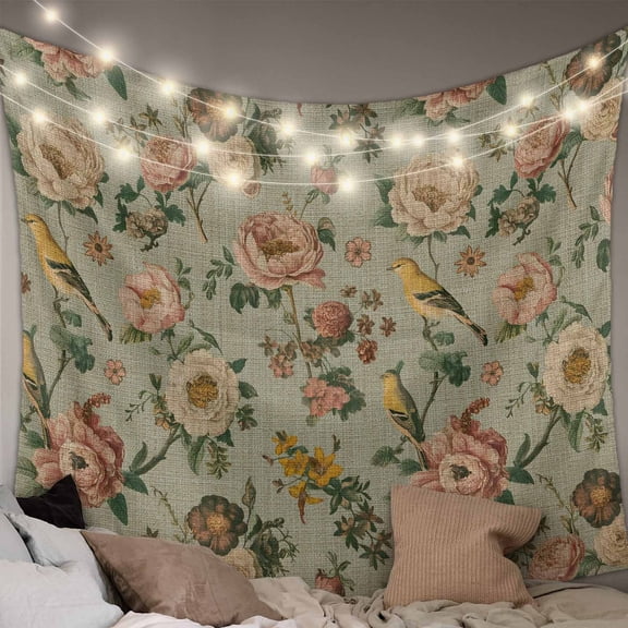 Vintage Spring Floral Tapestry for Bedroom Wall Hanging Tapestry, Farmhouse Flowers Green Vintage Ceiling Backdrop Tapestries Poster Blanket Wall Decor for Teens Room Living Room Dorm 39" x 59"