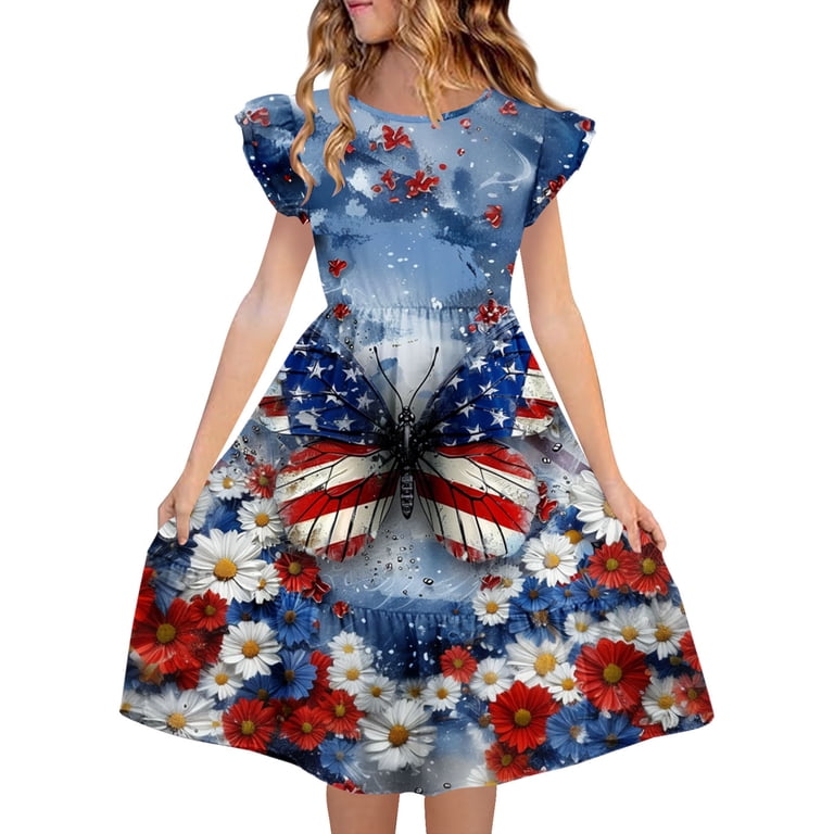 4th of july midi dress Avrnliq Girls 4th of July Dress Short Sleeve Ruffle Patriotic Midi Dress  Casual Holiday Outfit,Size 5-6 T