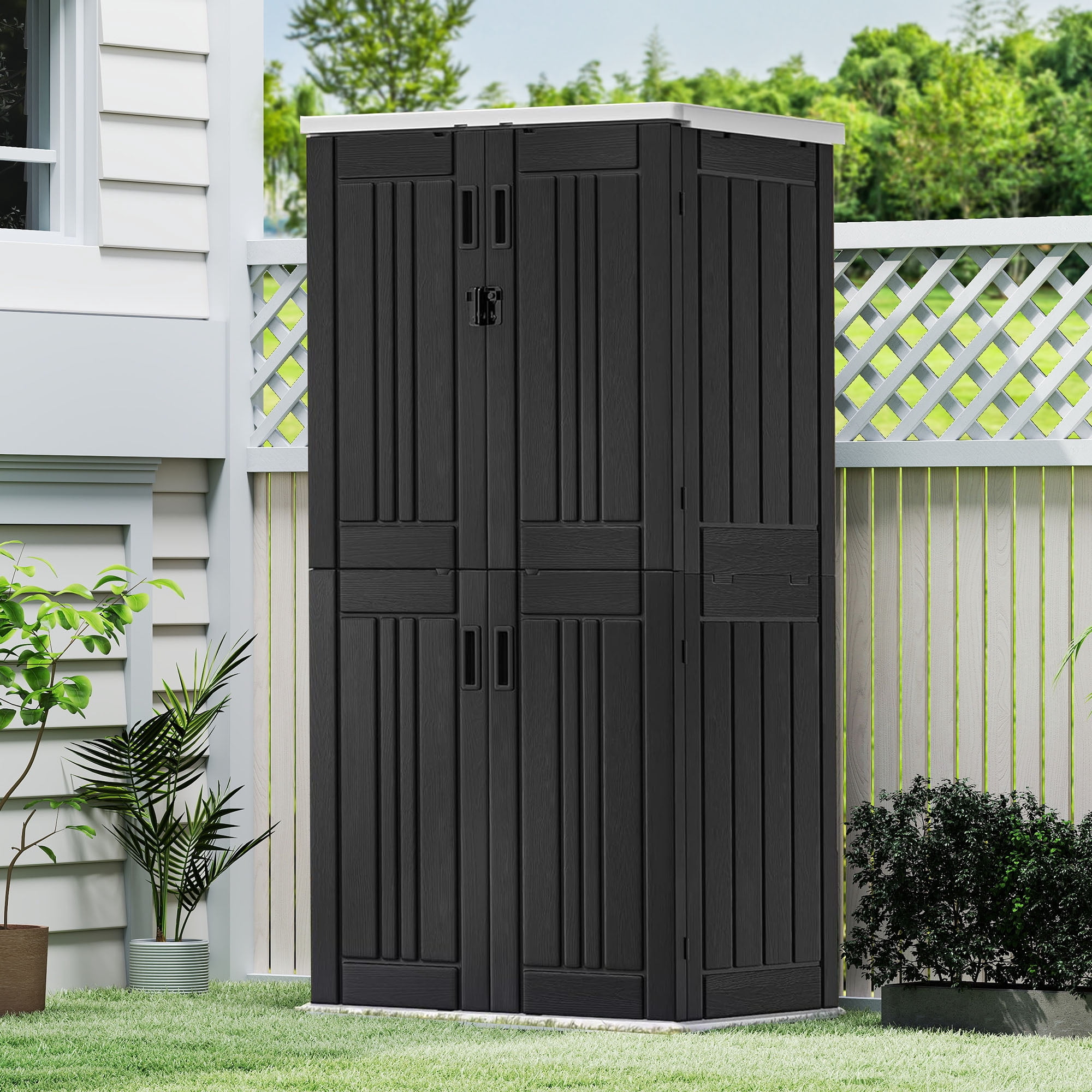Dextrus Outdoor Storage Shed with 4 Shelves, Weatherproof Resin Storage with Lockable Lid, Dark Gray