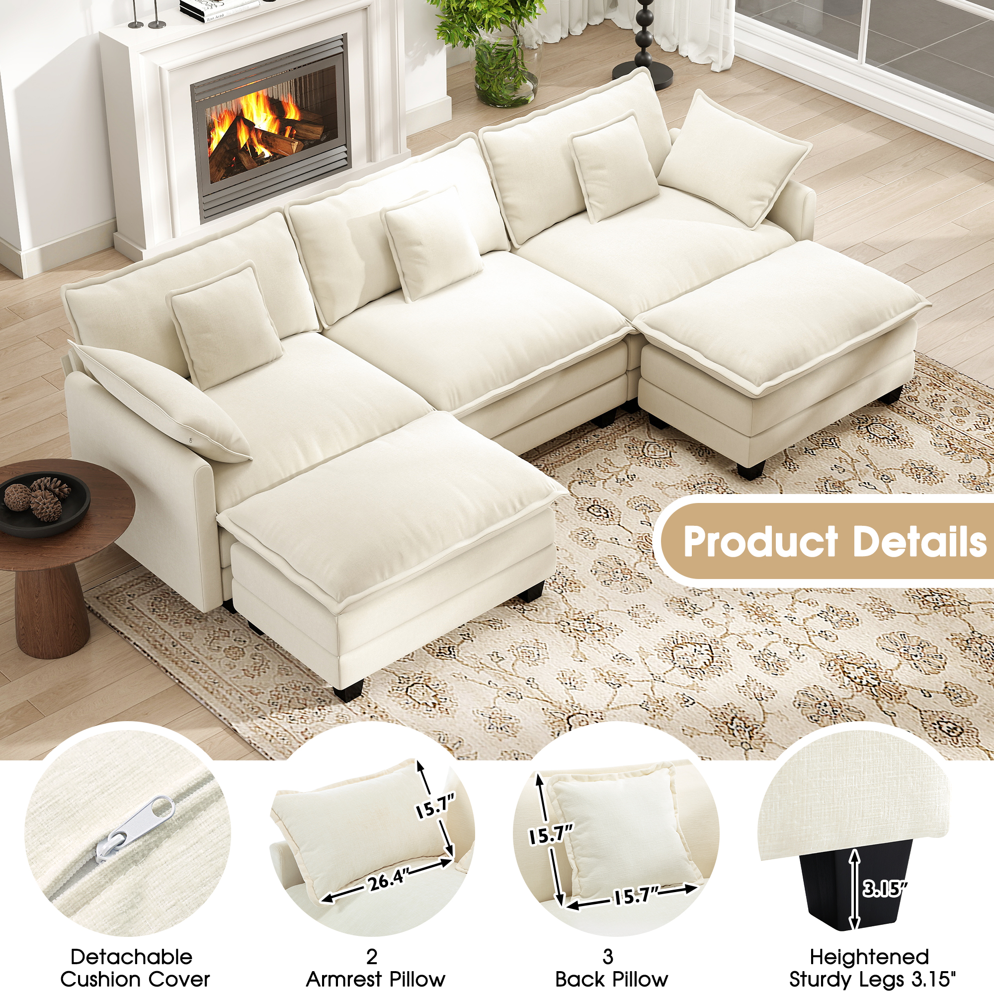 BedLuxury 111.5 in U-Shaped Modular Sectional Sofa, Beige photo 4