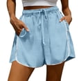 thumbnail image 2 of Qgtaibl Womens Drawstring Cotton Athletic Shorts Elastic High Waist Dolphin Shorts with Pockets Casual Loose Fit Lightweight Workout Shorts for Summer Running Training Gym Light Blue S, 2 of 7
