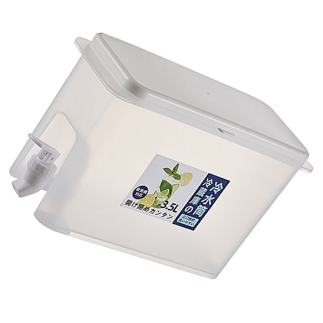 BRIGHTFUFU Fridge Water Dispenser Beverage Pitcher with Lid, a transparent 3.5L PP plastic container with a built-in tap for easy dispensing. Designed for storing water, juice, or tea, it features a smooth surface, sealed lid, and compact size of 25.50x17.00x10.50cm. Ideal for home, restaurant, or party use.