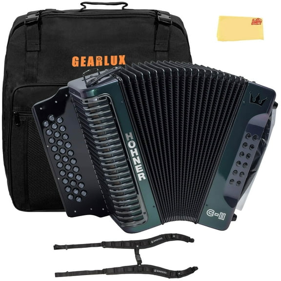 Hohner Corona C-II G/C/F Accordion - Green to Gold Bundle with Gig Bag, Adjustable Straps, and Austin Bazaar Polishing Cloth
