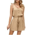 thumbnail image 2 of Wycnly Jumpsuits for Women Dressy Fashion Elastic Waist Button Down Strap Pocket Jumpsuits with Drawstring Summer Crewneck Sleeveless Solid Short Trendy Rompers Beige l, 2 of 7