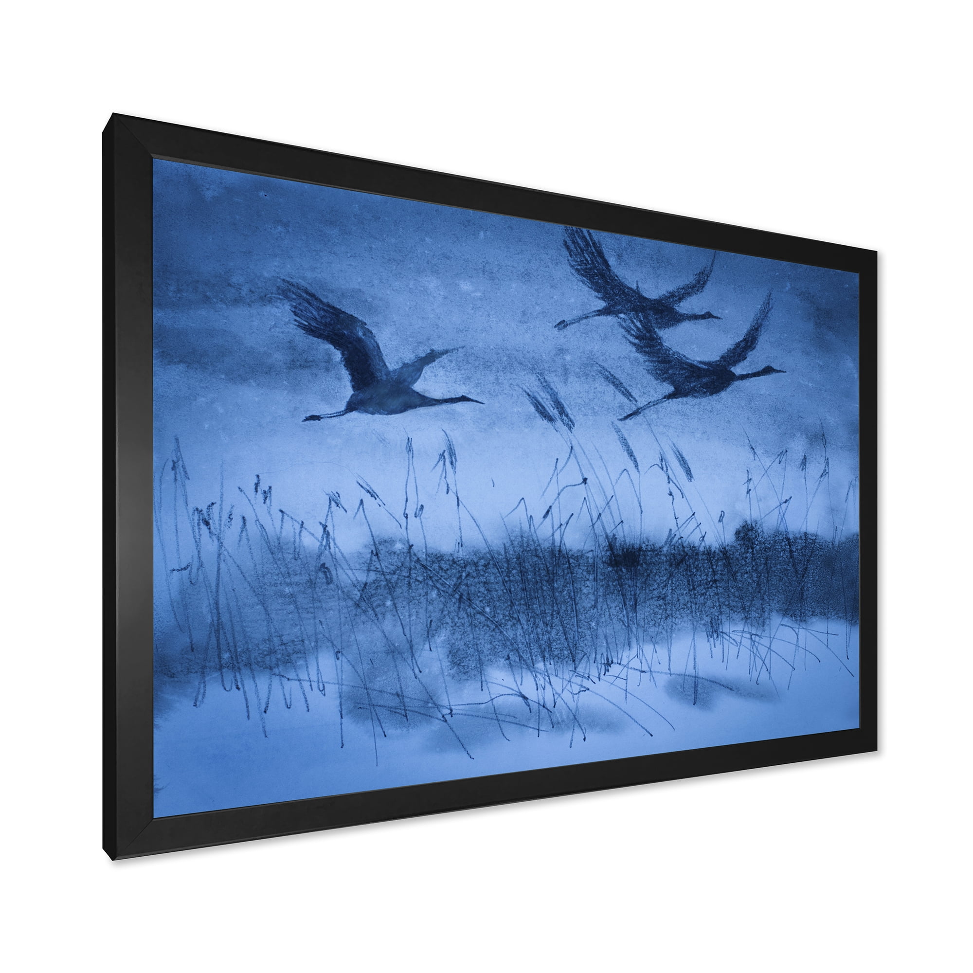 Cranes In Flight During Blue Evening Light 32 in x 16 in Framed Painting Canvas Art Print, by Designart