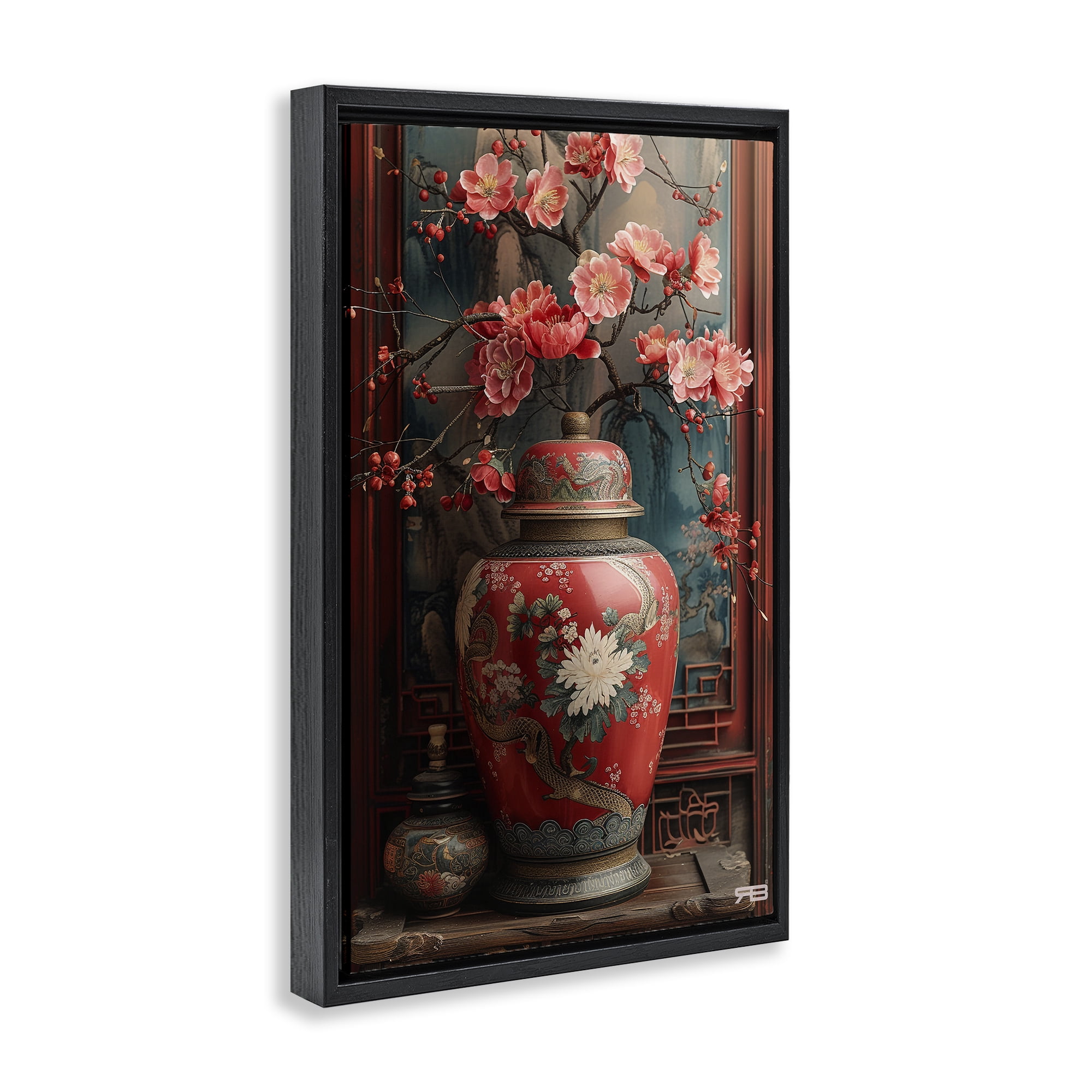 Stupell Industries Traditional Asian Vase Botanical & Floral Painting Black Floater Framed Art Print Wall Art, 17 x 25