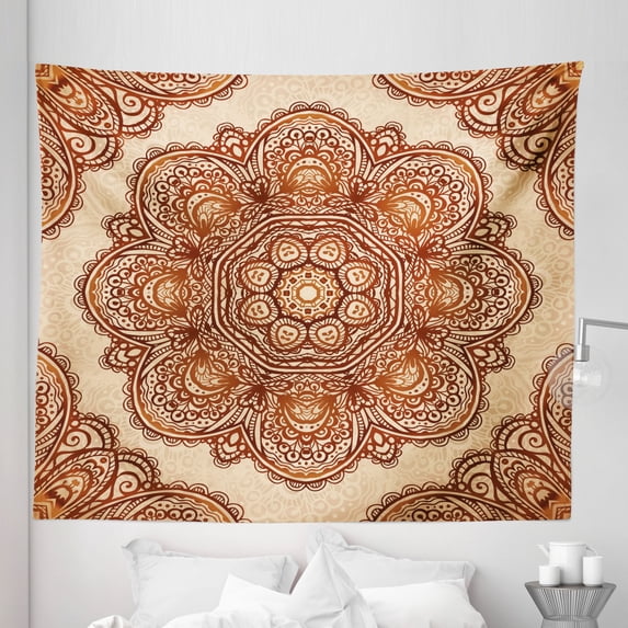 Ethnic Tapestry, Mandala Style Floral Flower with Abstract Paisley Backdrop Art Print, Fabric Wall Hanging Decor for Bedroom Living Room Dorm, 5 Sizes, Dark Brown Pale Brown, by Ambesonne