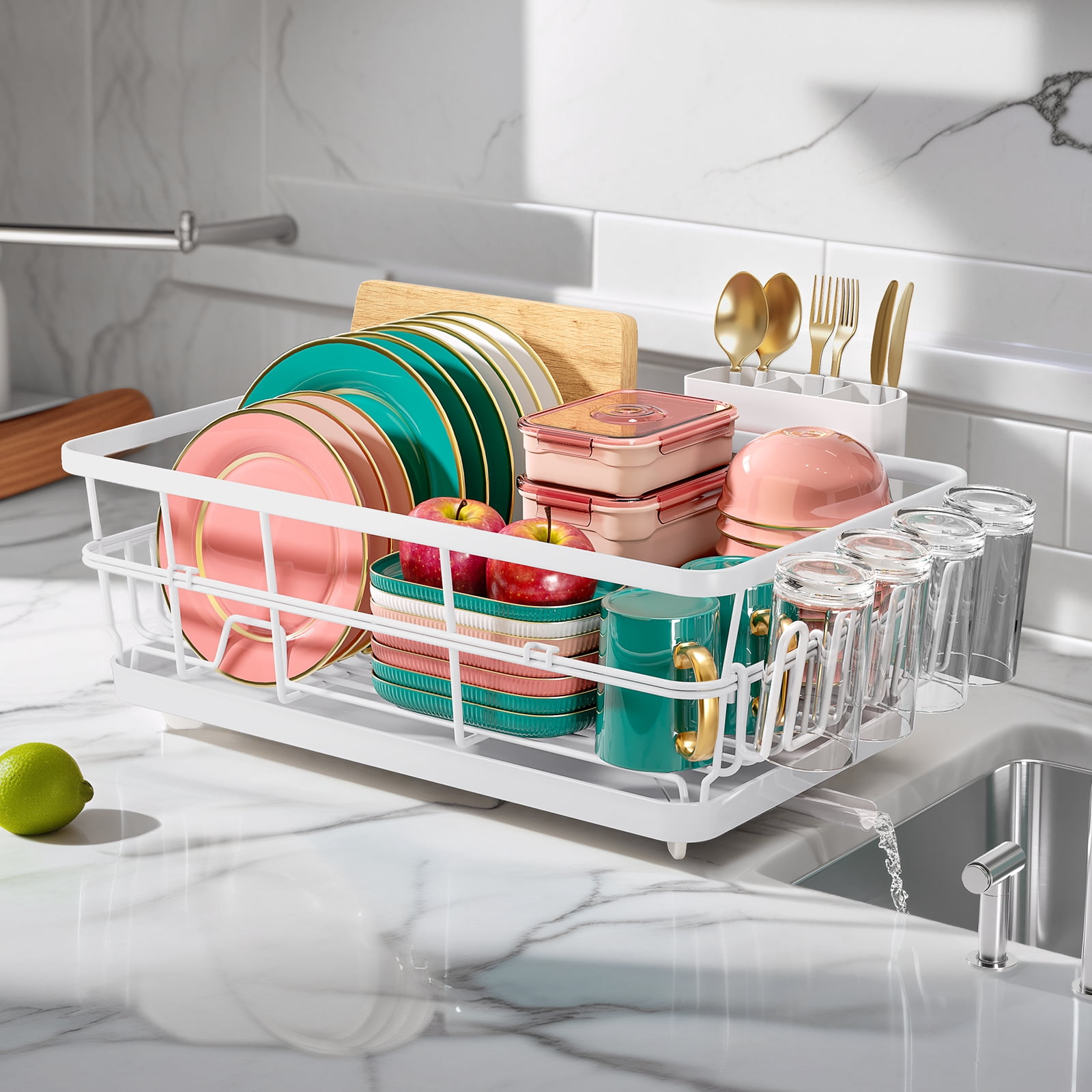 BEHERZT Large Dish Drying Racks with Drainboard,Countertop Dish Rack, Kitchen Sink Dish Rack,  Stainless Steel, White