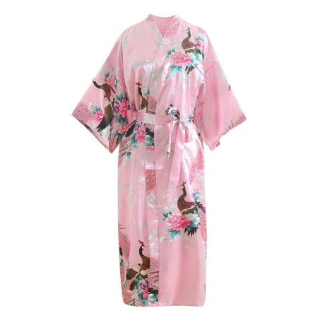 Kopltyrfg Women Kimono Dressing Gown Bathrobe Japanese Anime Dance Kimono Robe Fancy Dress Floral Print Lingerie Nightdress Pink