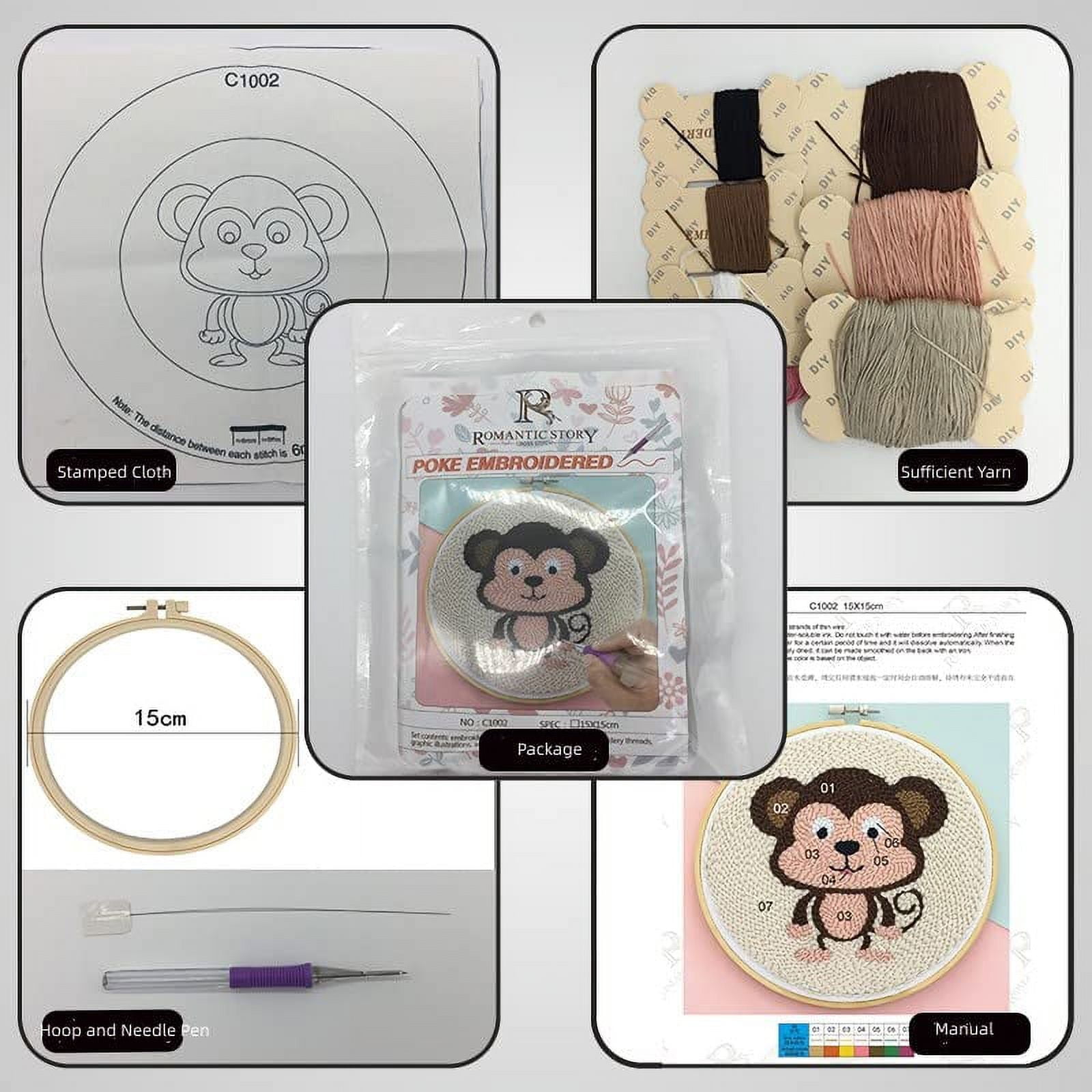 2 Pack Easy Smaller Size DIY Craft Punch Needle Embroidery Kits Rug for Starter Kits with Stamped Color Pattern with Instruction,Yarn and Wood Needle Pen,15cm Hoop (Owl,Cat)