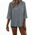 thumbnail image 5 of LangJing 3/4 Length Sleeve Womens Tops Summer Dressy Casual V Neck Blouses 2026 Loose Fit Linen Cotton T-Shirts Gray,XL, 5 of 7