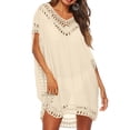 thumbnail image 2 of Delconic Women Loose Fit Crochet Trim Beach Cover Up Tunic Lightweight Short Sleeve Swimwear Dress for Summer Poolside Vacation Beige One Size, 2 of 5