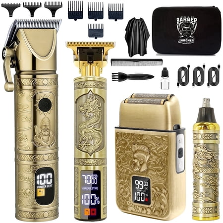 LARGNER 4-in-1 Vintage Metal Grooming Kit for Men, Cordless Hair Clipper, Beard & Nose Trimmer, Foil Shaver with Storage Case