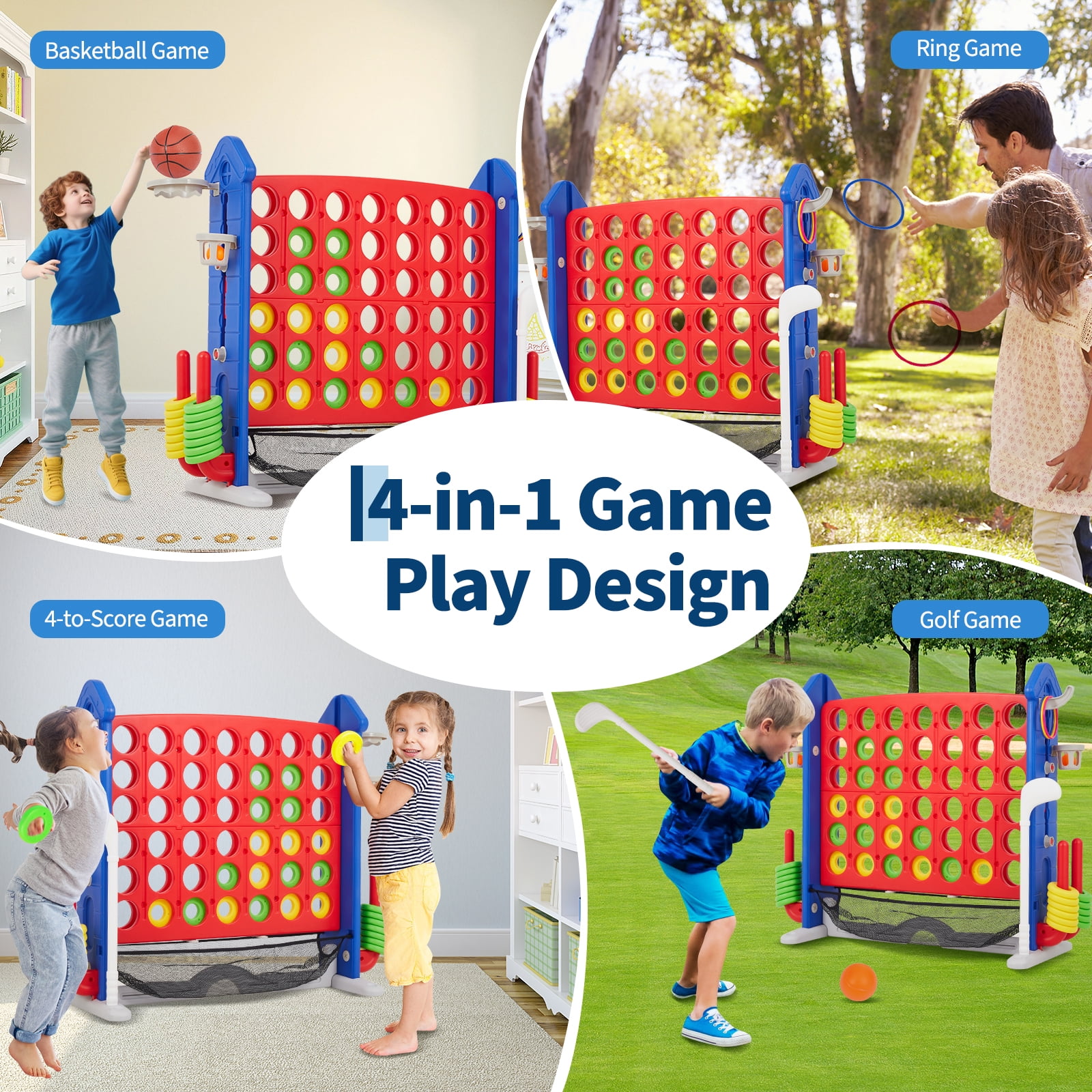 Versatile 4-in-1 Jumbo Floor Board Game Set – Adjustable 3-Level Height, Includes Four in a Row, Golf, Basketball & Ring Toss – Durable HDPE, Indoor/Outdoor Family Fun, Easy Carry Bag