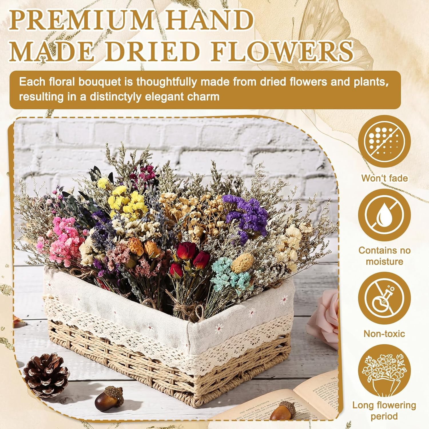 Dried Flower Bouquets Mini Dried Flowers Bulk with Stem Natural Real Flower Bundles Forget Me Not Boho Floral Arrangement for Crafts Vase Dly Wedding Decor Bridesmaid Gift