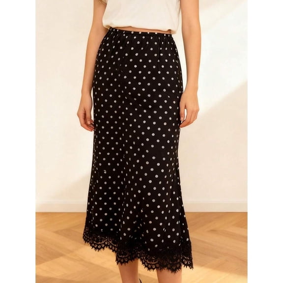 Black Polka Dot Midi Skirt With Lace Trim Flowing Sheath Style