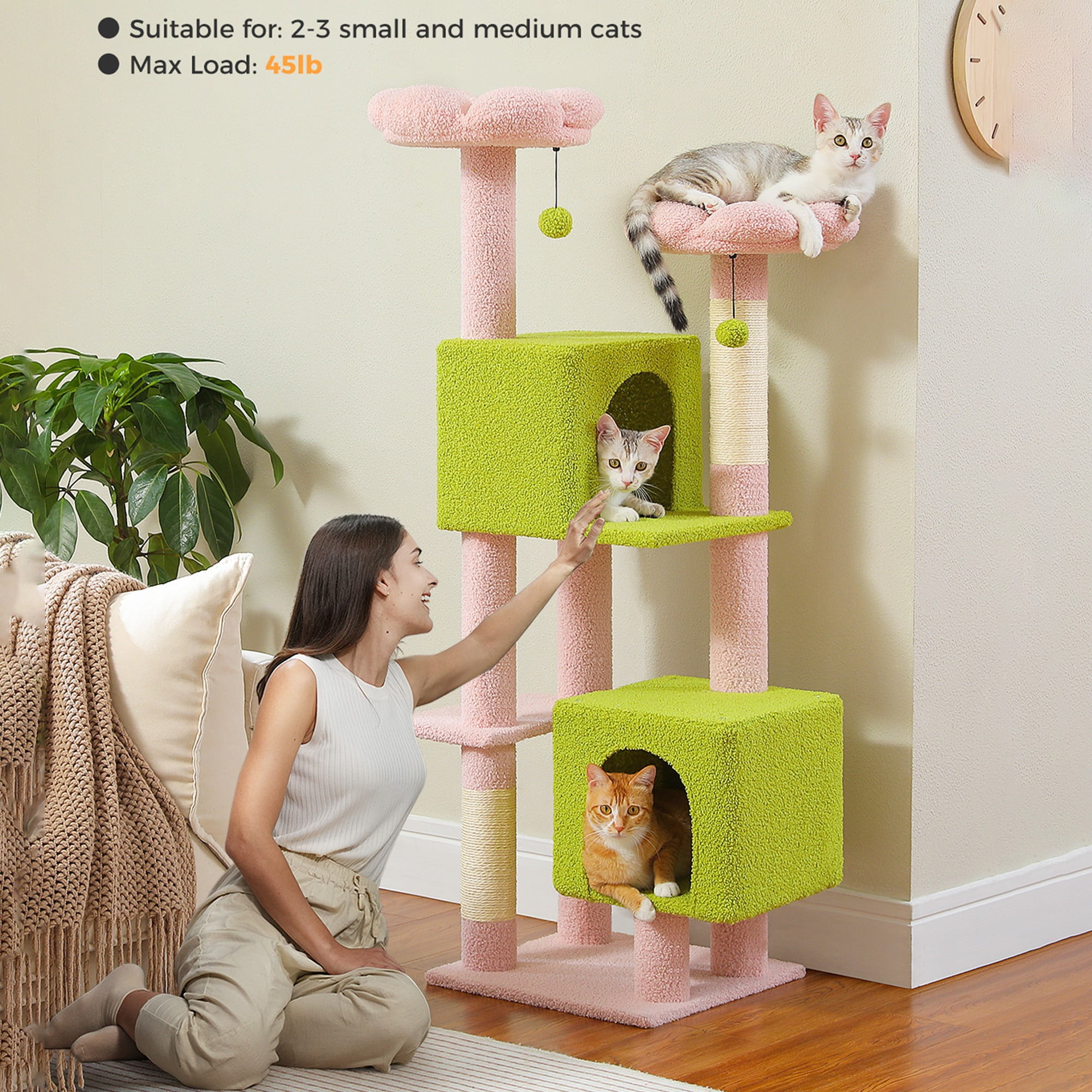 Kadyn 52" Multilevel Cat Tree Tower for Indoor Cats, Plush Flower Cat Tree House with 2 Padded Perches, 2 Condos and 2 Scratching Posts, Pink