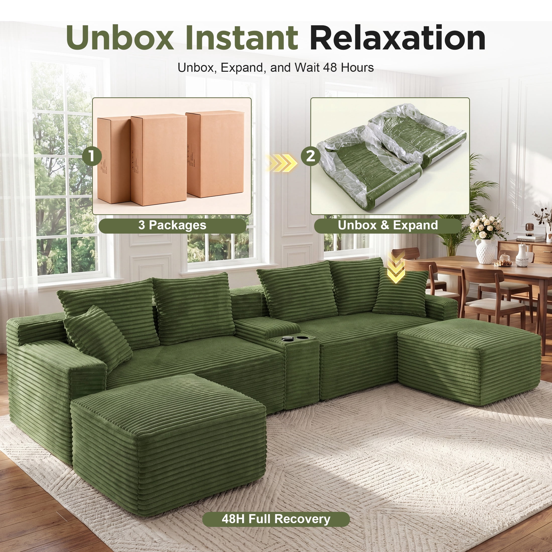 Aenkyo 127" Corduroy U-Shaped Modular Sectional Sofa with Storage Console and Cup Holder, Green