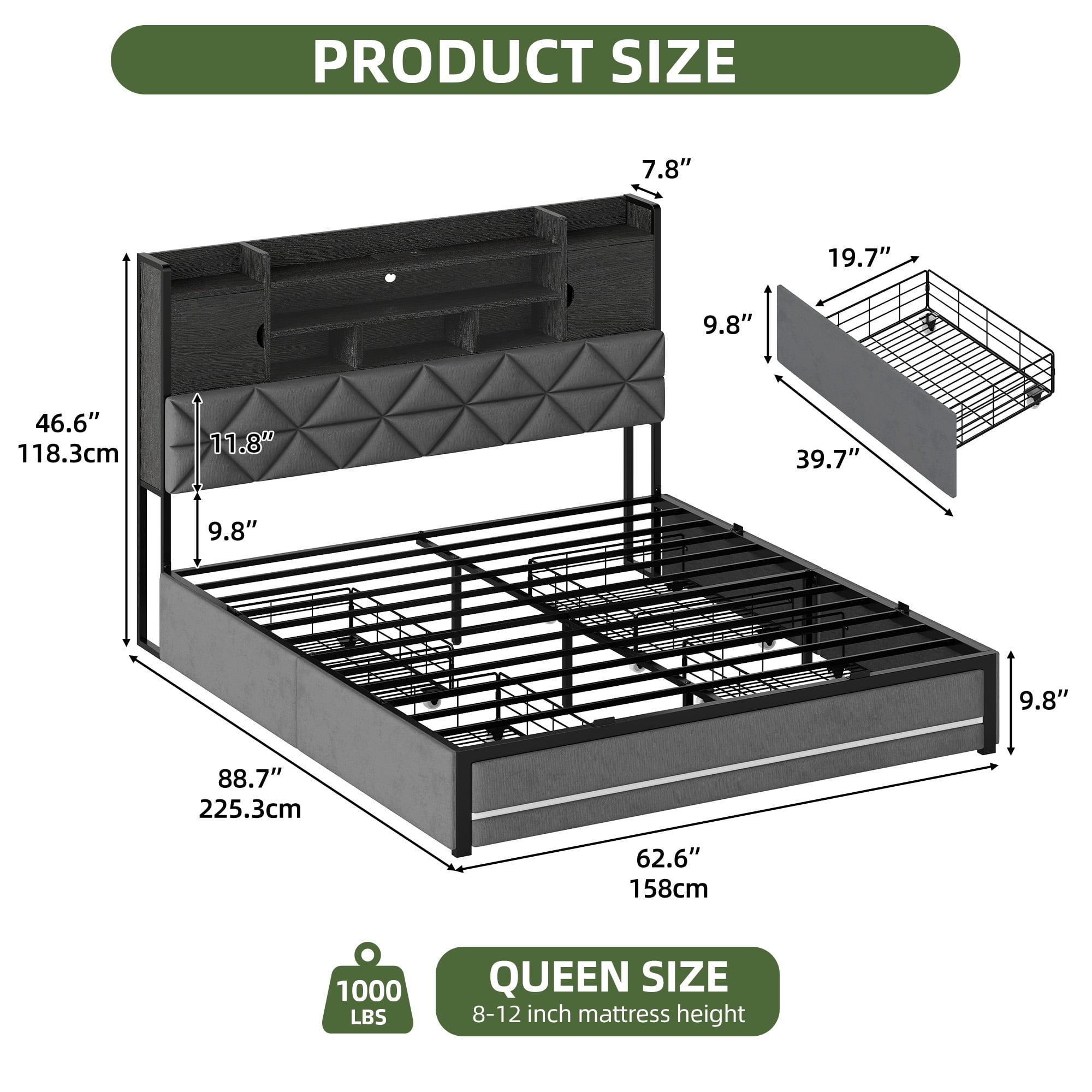 Uforic Queen Size Velvet Upholstered Platform Bed Frame with RGB Ambient LED Light, Built-In Charging Station, 4 Underbed Drawers, No Box Spring Required, Gray