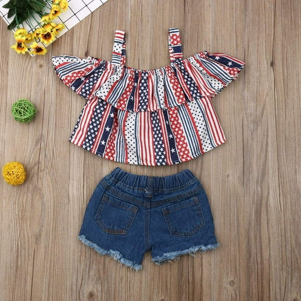 Fashion Toddler Kids Girls Clothes Set Strap Tops+Denim Shorts 2pcs Infant  Girls Flag Outfits Set