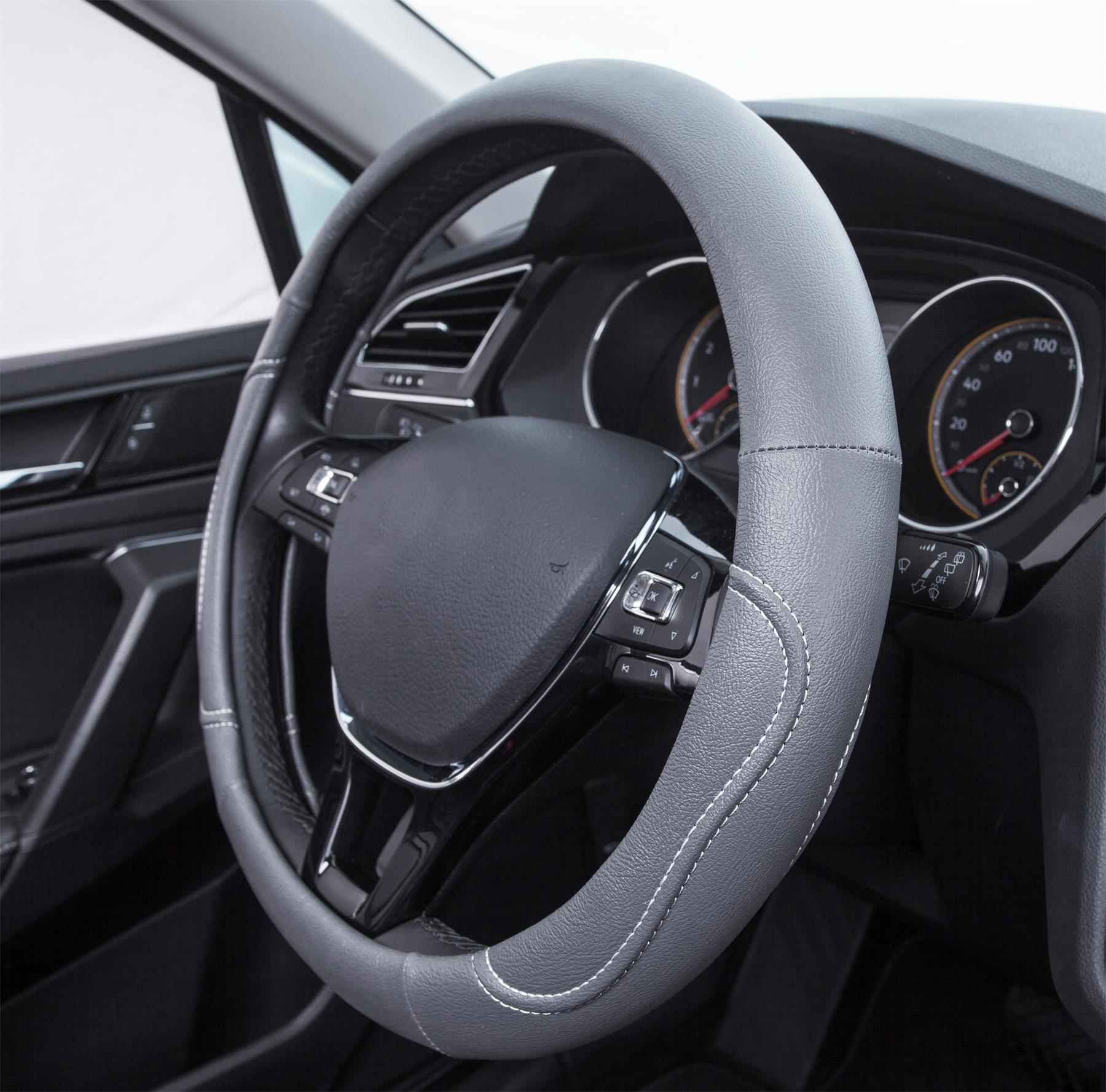 Auto Drive Universal Steering Wheel Cover, Gray with White Stitching photo 4