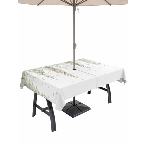Outdoor Tablecloth with Umbrella Hole for Patio/Picnic/Party/Camping, Spring Floral Waterproof Table Cloth Rectangle Table Cover Washable, Summer Wisteria Flowers Leaves Plants Green (60"x 120")