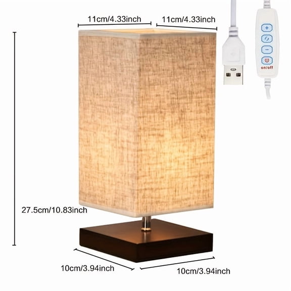 Bedside Lamp with Fabric Shade and USB Dimmable Control, Table Night Light for Dorm Bedroom