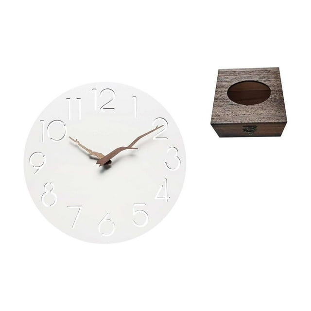 Reloj De Pared Decorativo Silencioso Para Cocina, Oficina, Estudio, Con Caja De Pañuelos De Madera, Bandeja Organizadora Para Baño, Coche Y Hogar.