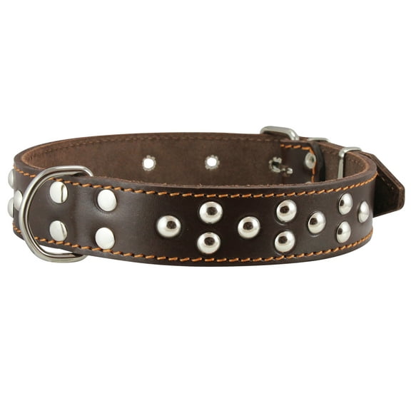 Genuine 1.5" Wide Thick Leather Studded Dog Collar. Fits 17"-21.5" Neck, Large Breeds.