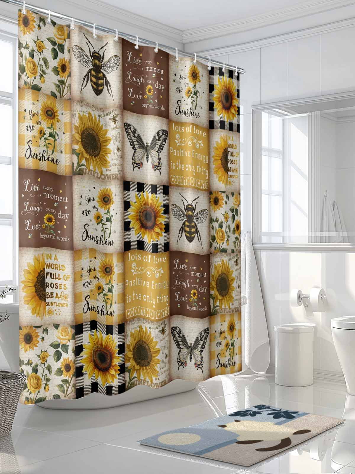 Sunflowers Shower Curtain Set, Waterproof Shower Curtains for Bathroom, Retro Country Butterfly Bee Floral Plaid Washable Fabric Cloth Bath Curtain for Bathtub Decoration with Hooks 54x78 Inches