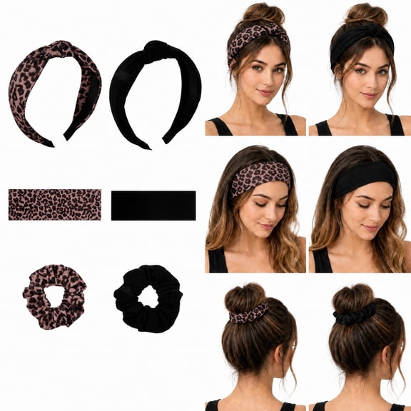 Abaima 6 PCS Hair Accessory Set for Women, Elastic Leopard Hair Bands, Soft Knotted Hair Scrunchies, Stylish Wide Headbands, Makeup Headwear Accessories (Black, Leopard)