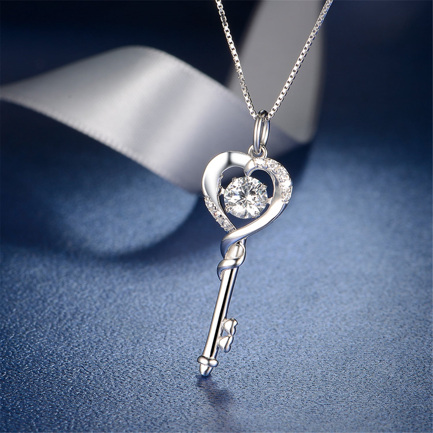 MABELLA Dancing Diamond Key to Heart Sterling Silver Key CZ Pendant Necklace, 18"