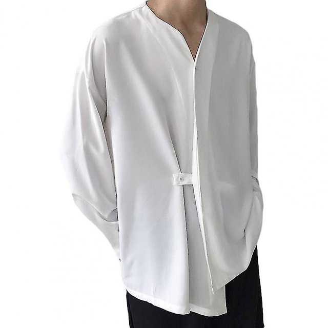 2XL Camisa de hombre de moda Color sólido suelto irregular Casual largo Sl