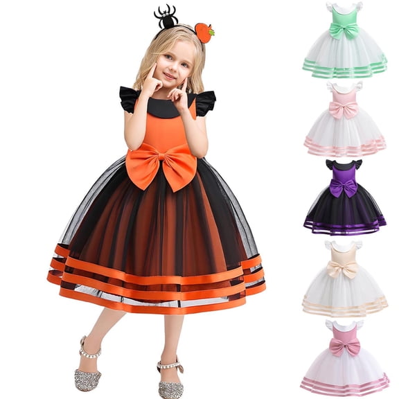 Hrsba Kids Summer Casual Dresses,Middle Aged Children's Formal Dress Short Sleeves Round Neck Bow Mesh Dress Cake Dress Halloween Role-playing Dress Princess Birthday Party Wedding Dress,Pink,7 Years