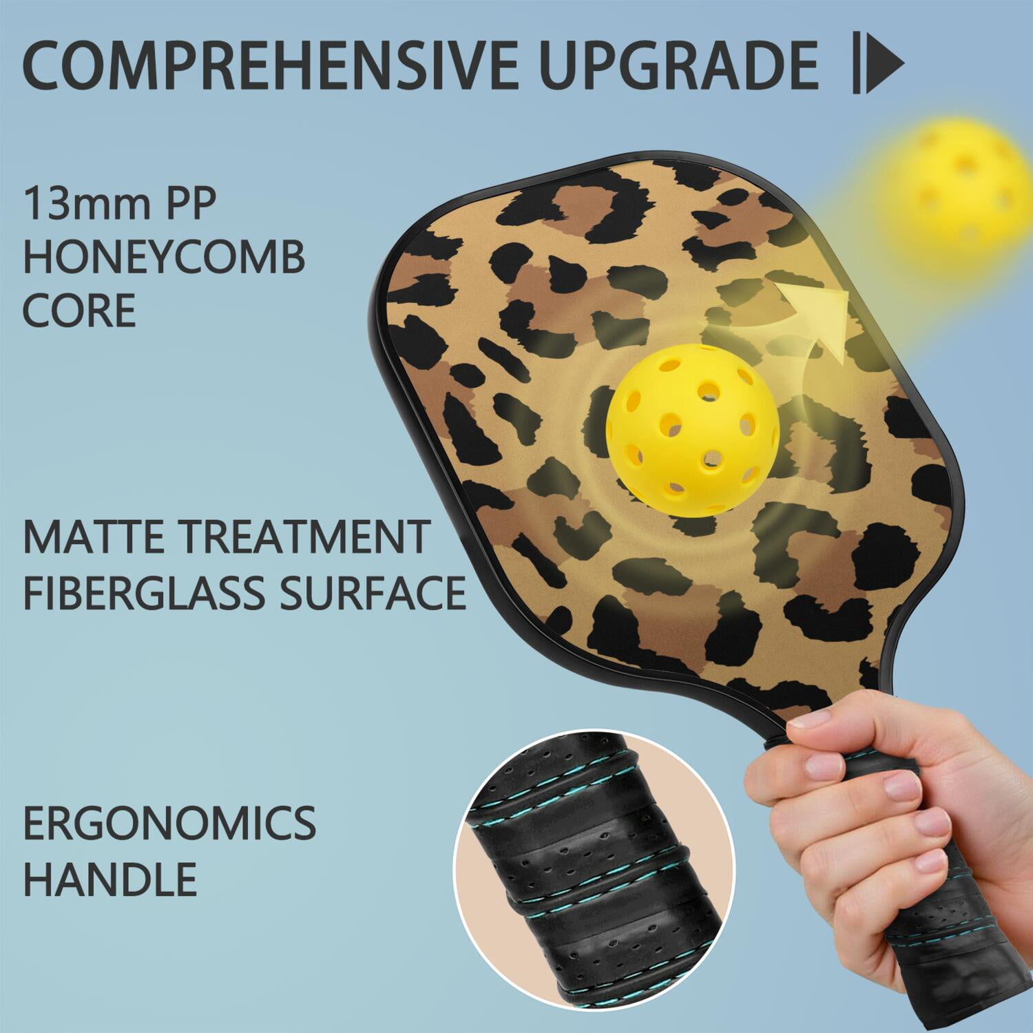 Pickleball Paddles Set Of 2, Fiberglass Surface, Animal, Leopard Print, 4 Balls & Bag