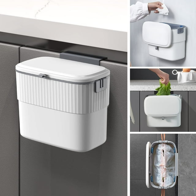 Contenedor de abono de cocina con tapa, bote de basura colgante de 1,8 galones con tapa, bote de basura montado en la pared de 7 litros para puerta de gabinete de cocina