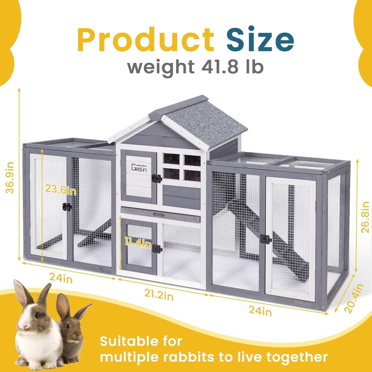 GEGURI Chicken Coop Outdoor, Rabbit Hutch Indoor, Bunny Cage with Waterproof Roof, Pull Out Tray, Predator-Resistant Fencing