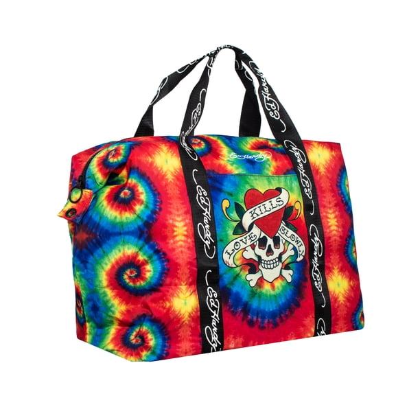Ed Hardy Unisex Black/Rainbow Skull Tatoo Print Nylon Duffle Bag