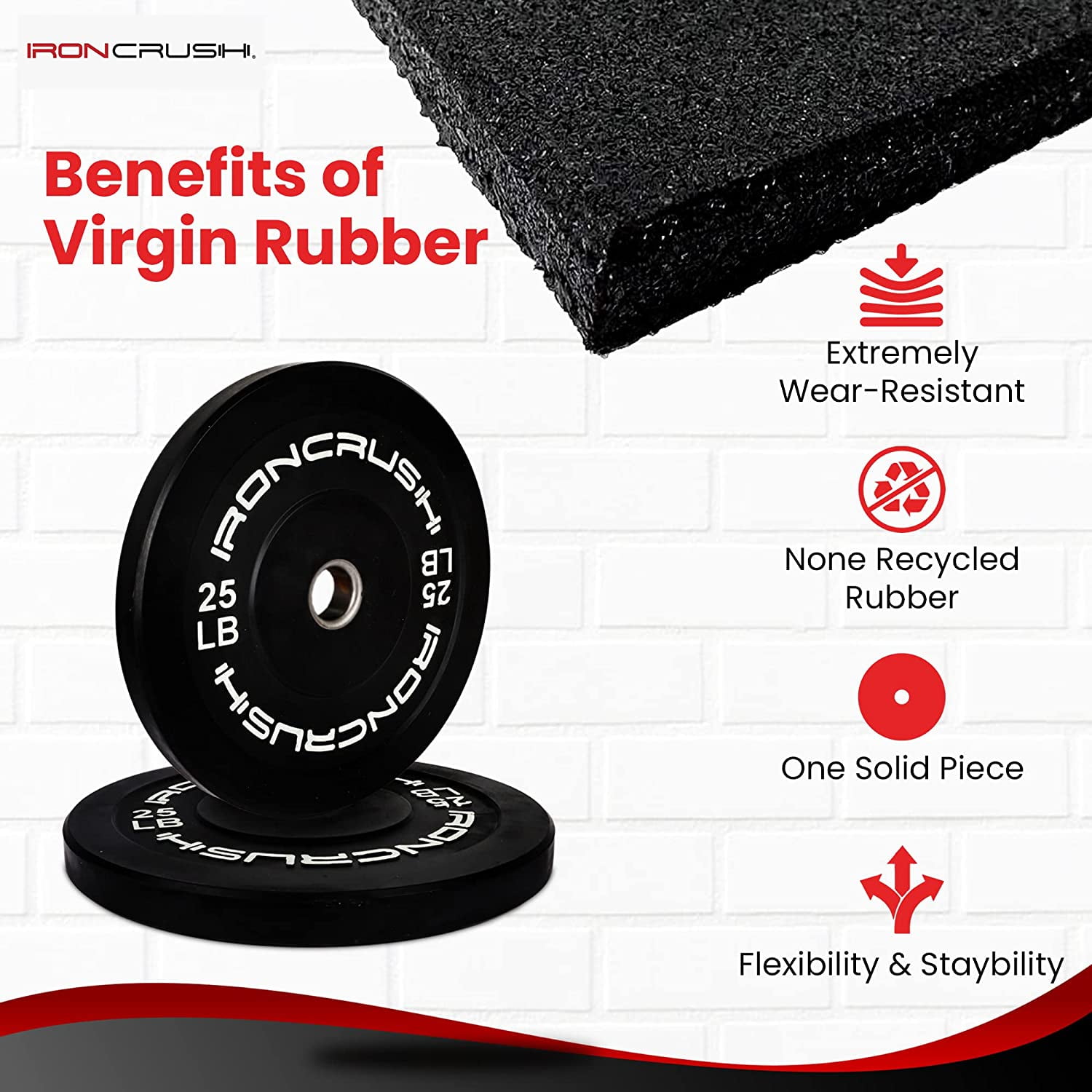 Iron Crush Olympic Bumper Plates Set - Virgin Rubber Weights for Strength Training - Stainless Steel Inserts, Fits 2" Barbells - Low, Dead Bounce for Safety - 10lb to 45lb - Sold in Pairs