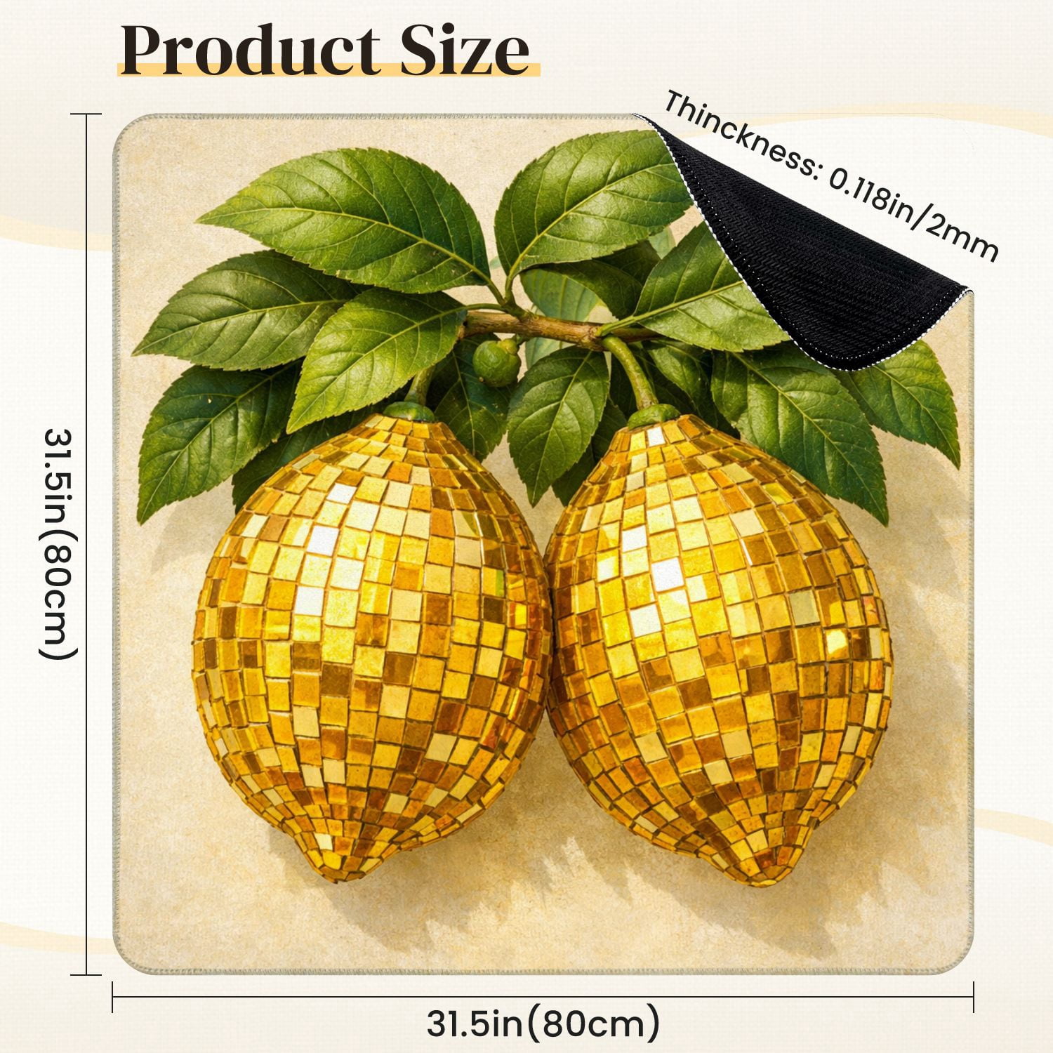 Mahjong Mat 31.5" x 31.5" Golden Mosaic Lemons Green Leaves Neutral Decorative Realistic Non-Slip Noise Reduction Mahjong Tiles Table Cover for Dominoes Poker Card Board and Tile Games