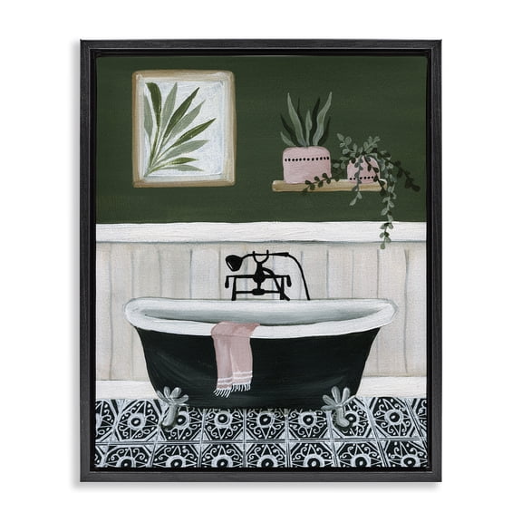 Stupell Industries Green Bathroom Scene Typography Painting Black Floater Framed Canvas Art Print Wall Art, 17 x 21