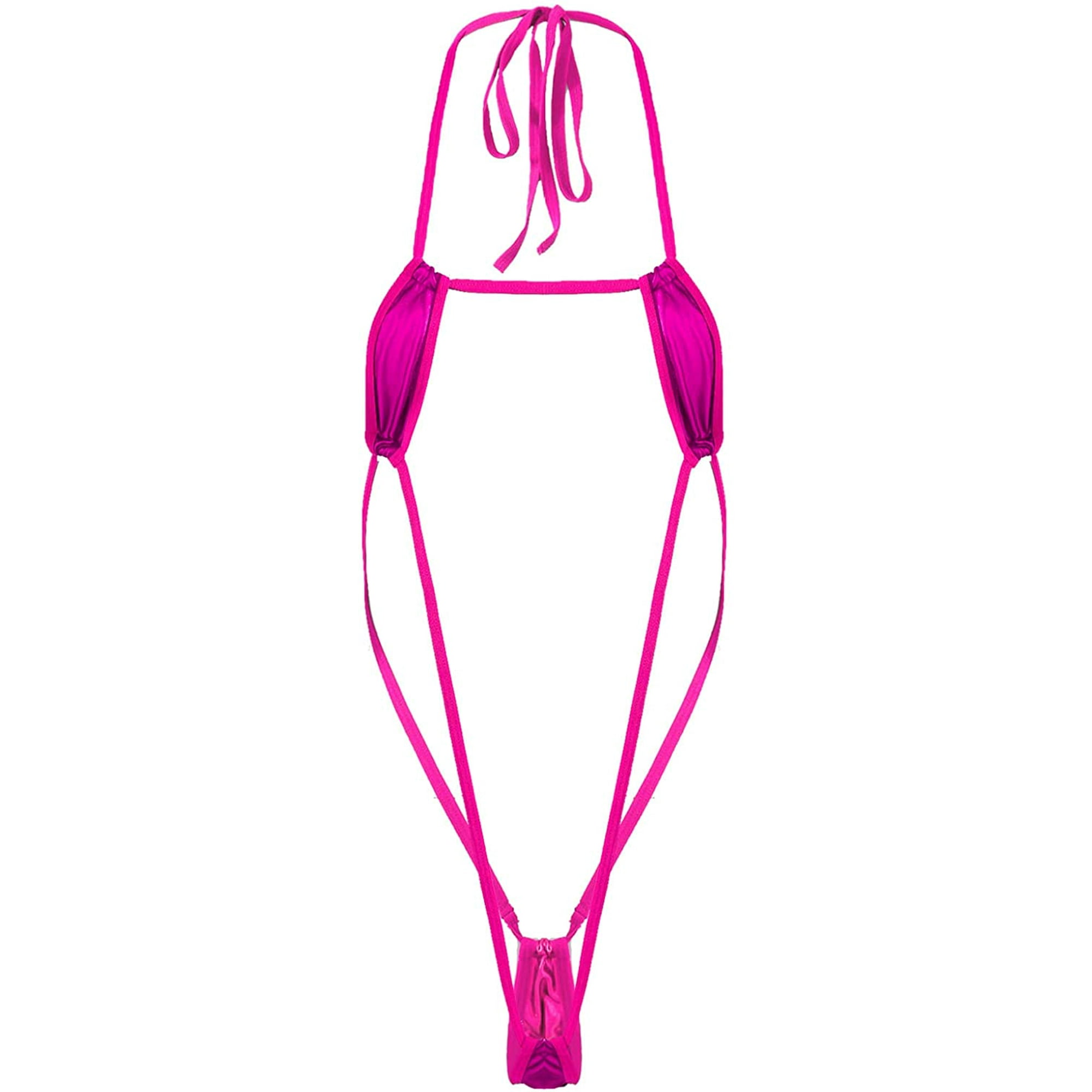 Womens Shiny Leather Sling Shot Micro Bikini One Piece Deep V