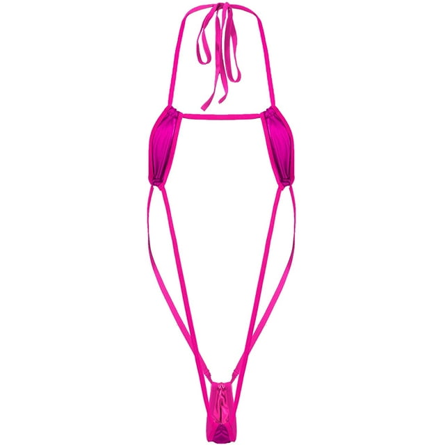 Womens Shiny Leather Sling Shot Micro Bikini One Piece Deep V-Halter Monokini Swimsuit