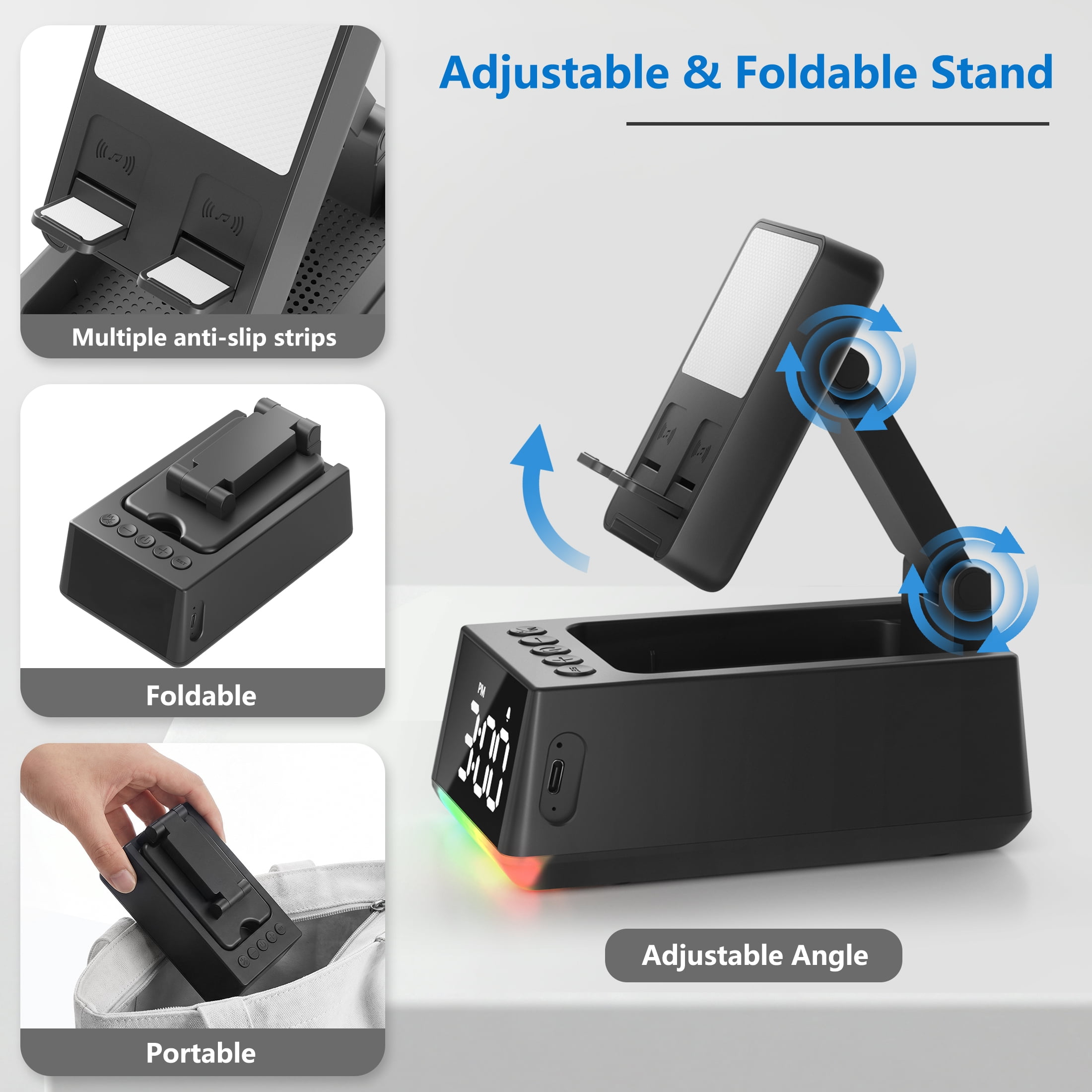 Wireless Induction Bluetooth Speaker, 5-in-1 Cell Phone Stand with Stereo Sound and Rechargeable RGB Light, Adjustable Holder for IPhone Android, Tech Gadget Gifts for Men Women