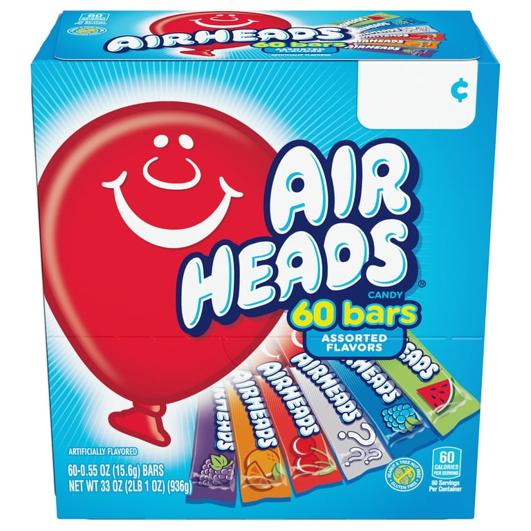 Airheads Chewy Candy Bars, Assorted Flavors, Peanut and Tree Nut Free, Regular Size, 33 oz, 60 Count